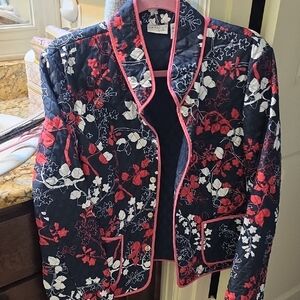 Kim Rogers Size L Black Quilted Bomber Jacket with Red & White Floral Trim